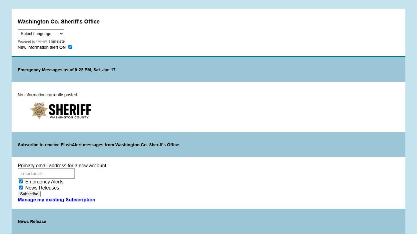 Washington Co. Sheriff's Office News via Flashalert.net