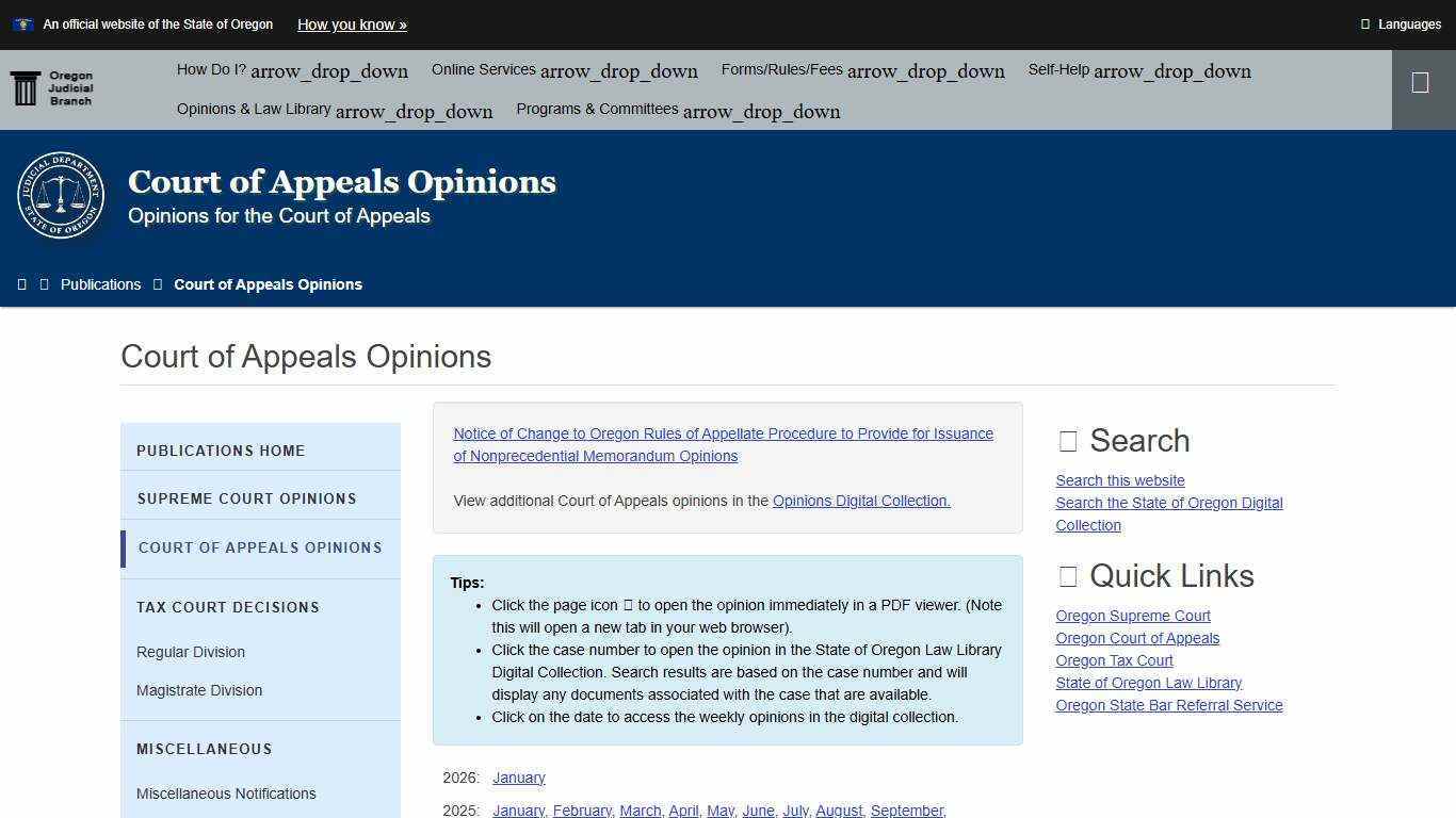 Oregon Judicial Department : Court of Appeals Opinions : Court of Appeals Opinions : State of Oregon